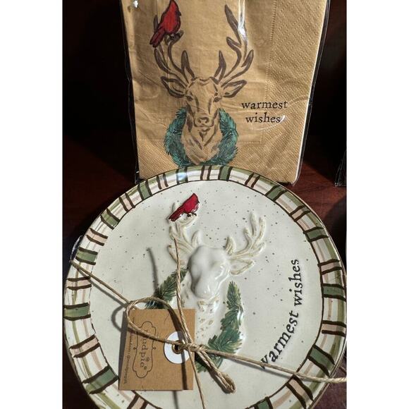 NIB Warmest Wishes & Eat Drink Be Merry Lodge App Set Plate W/Pack Kraft Napkins - Picture 5 of 11